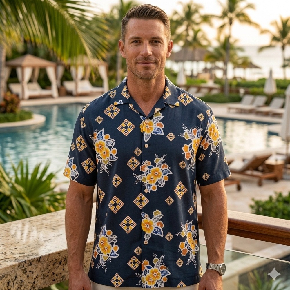 Tommy Bahama Button Up Shirt Mens XL Navy Blue Silk Floral Geometric Camp Shirt